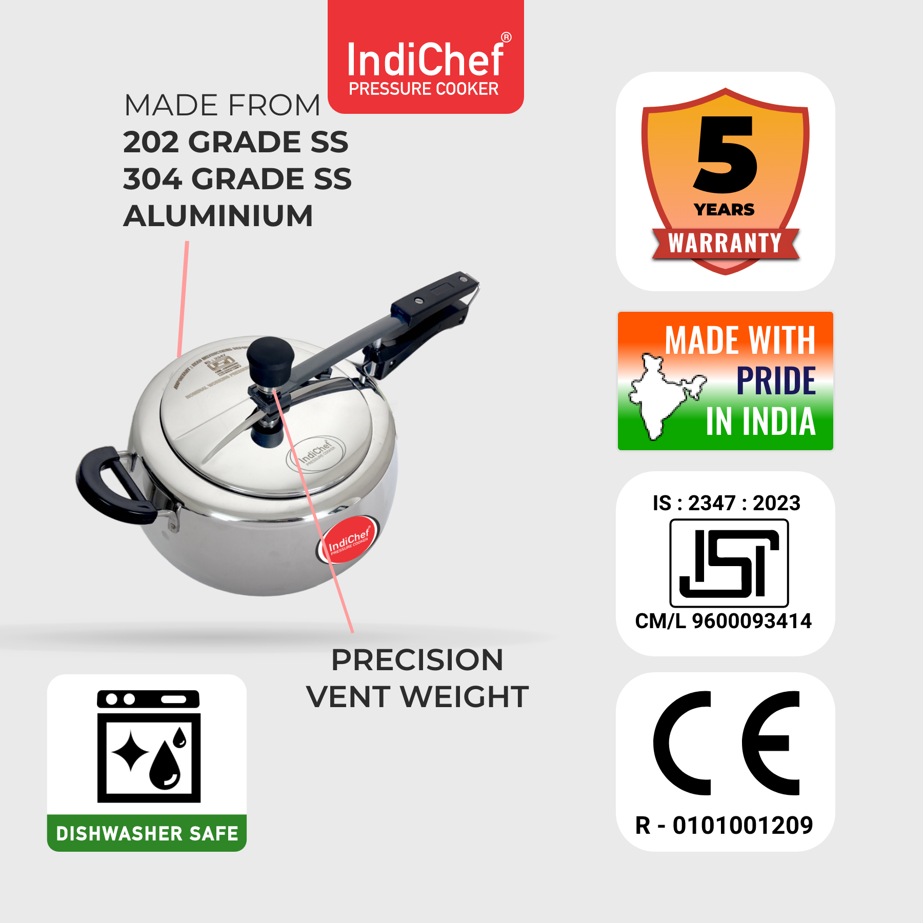 IndiChef Plain TriPly Stainless Steel Induction Base Pressure Cooker