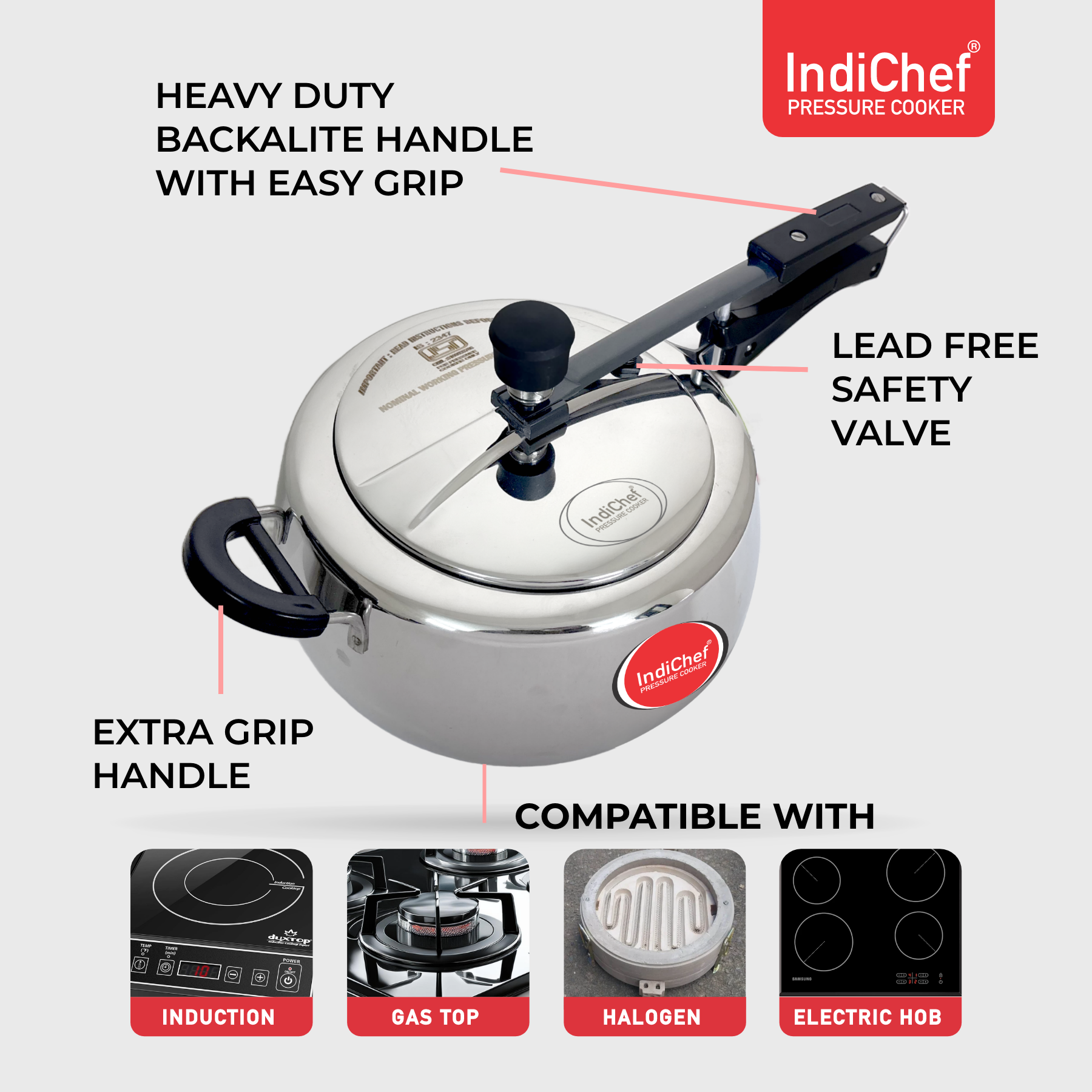 IndiChef Plain Stainless Steel Induction Base Pressure Cooker