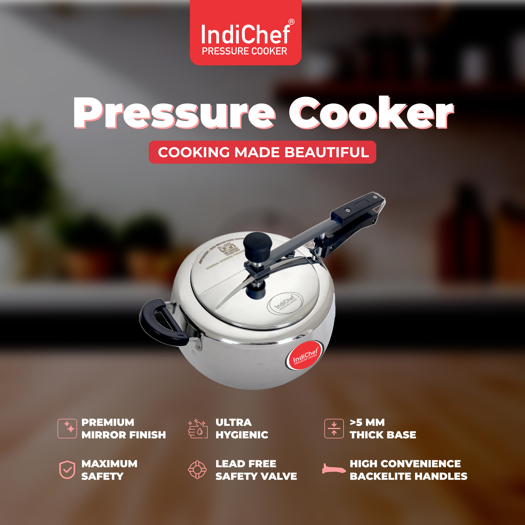 IndiChef Plain Stainless Steel Induction Base Pressure Cooker