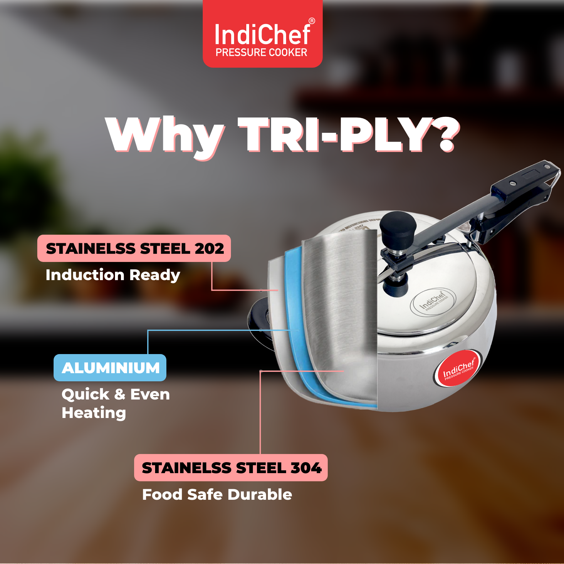 IndiChef Plain TriPly Stainless Steel Induction Base Pressure Cooker