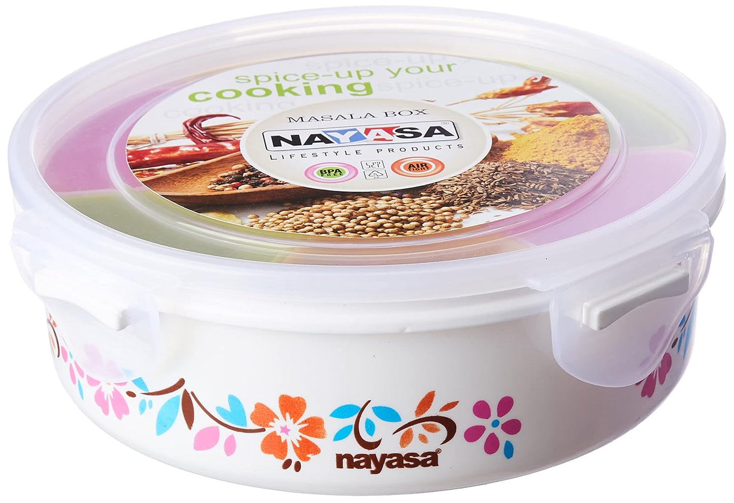 Nayasa Plastic Printed Masala Box | Spice Box For Kitchen | Plastic Masala Dabba | 100 ML Each Container Storage | Multicolor