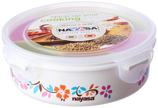 Nayasa Plastic Printed Masala Box | Spice Box For Kitchen | Plastic Masala Dabba | 100 ML Each Container Storage | Multicolor