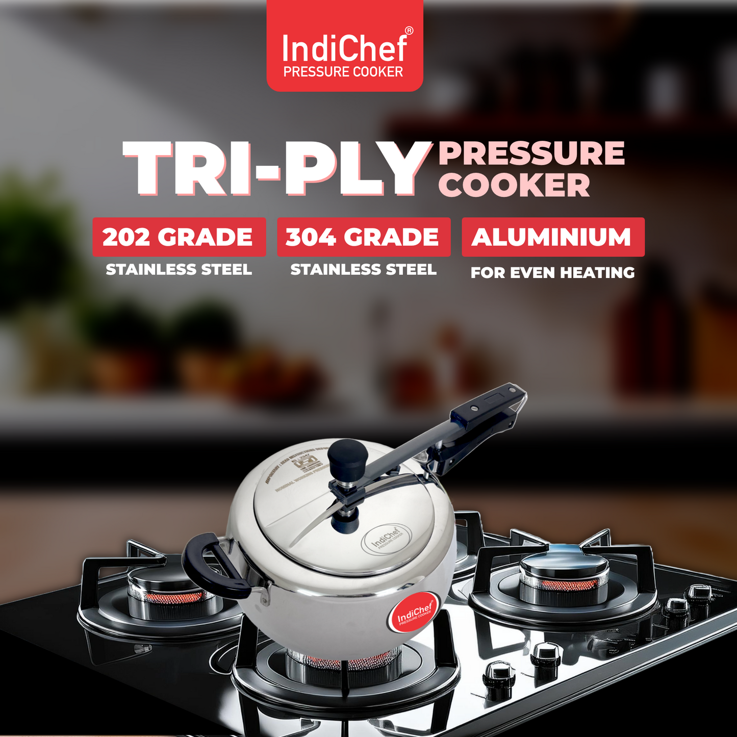 IndiChef Plain TriPly Stainless Steel Induction Base Pressure Cooker