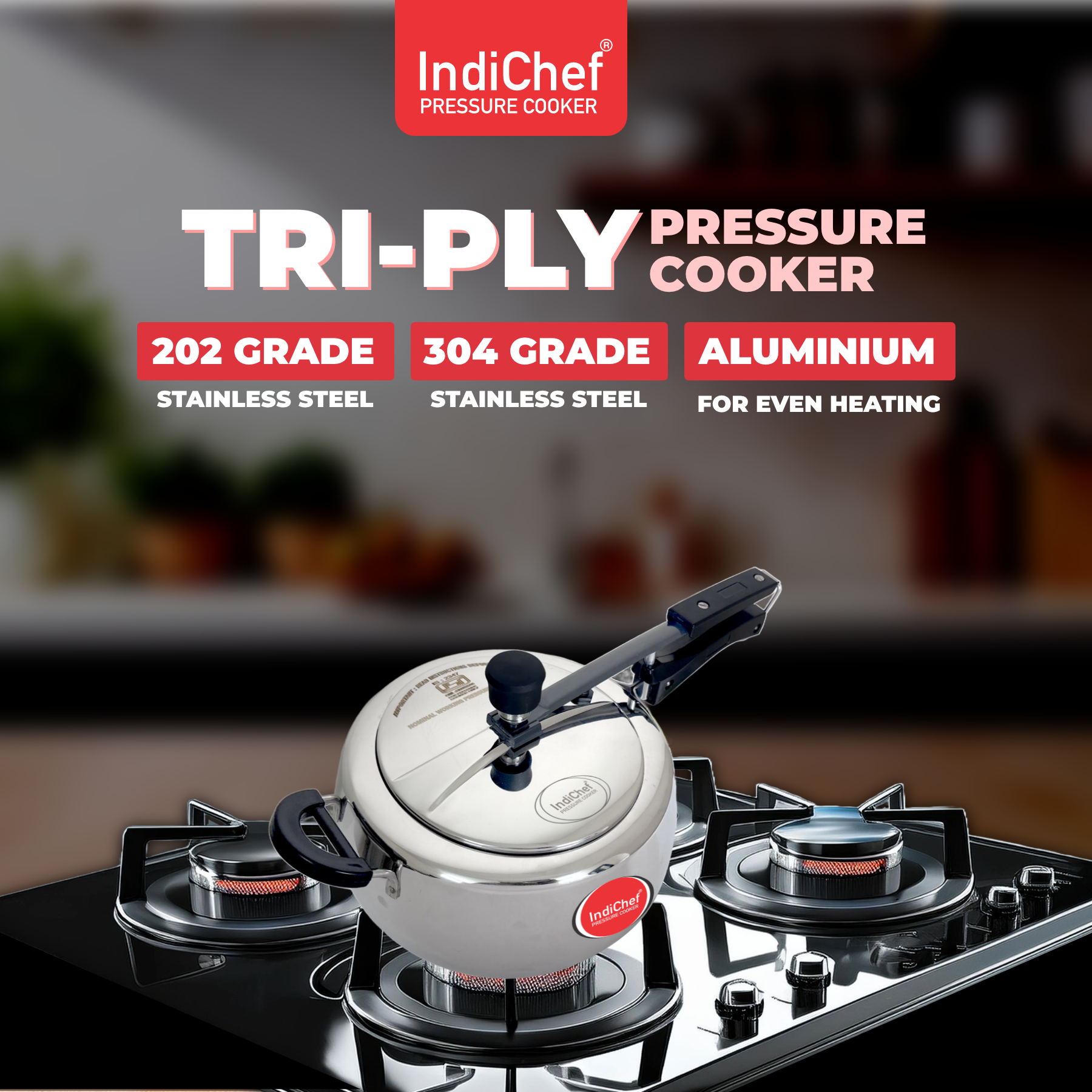 IndiChef Plain TriPly Stainless Steel Induction Base Pressure Cooker